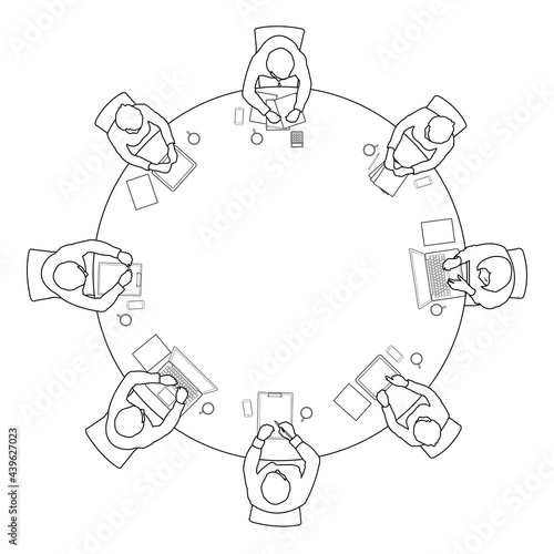 Line art drawing of business meeting top view on circle  table conference office team .vector illustration