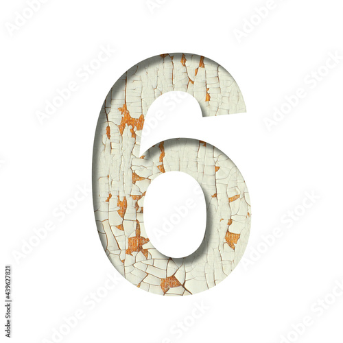 Rustic font. Digit six, 6 cut out of paper on the background of old rustic wall with peeling paint and cracks. Set of simple decorative fonts