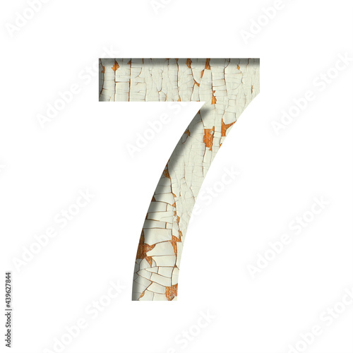 Rustic font. Digit seven, 7 cut out of paper on the background of old rustic wall with peeling paint and cracks. Set of simple decorative fonts
