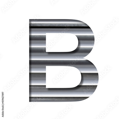 Industrial font. The letter B cut out of paper on the background of industrial ventilation grates or blinds. Set of steel structures fonts.