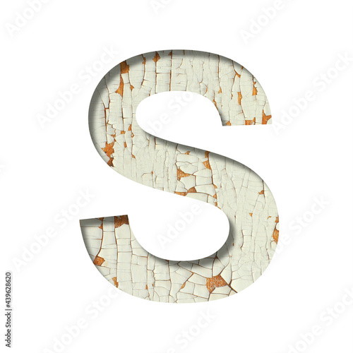 Rustic font. The letter S cut out of paper on the background of old rustic wall with peeling paint and cracks. Set of simple decorative fonts