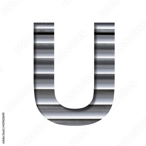 Industrial font. The letter U cut out of paper on the background of industrial ventilation grates or blinds. Set of steel structures fonts.