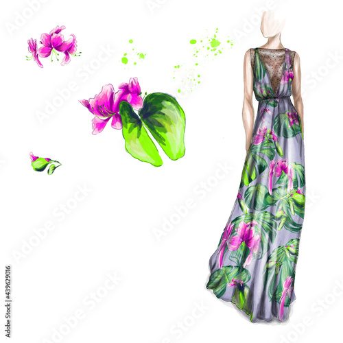 watercolor fashion illustration of a beautiful girl in a boho style tropical dress with the magnolia flowers and palm leaves