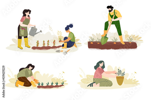 Organic farming, agriculture and gardening. Vector illustrations of organic food production, for web banners and background, poster, business presentation, marketing material for food market. 
