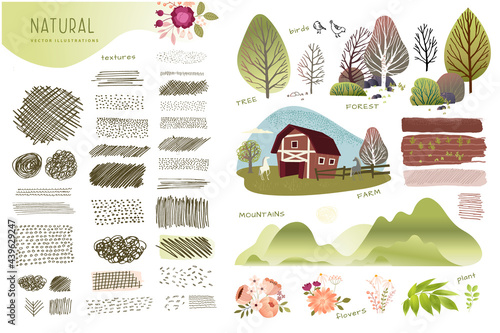 Nature, farming, agriculture set of graphic elements. Set of natural vector illustrations and textures on the topic of agriculture, countryside, natural landscapes, rural life, landscaping architectur