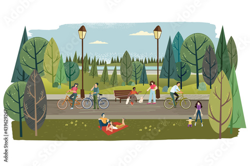 City park. Vector illustration on the topic of nature, healthy living, ecology, staying in nature, landscaping, recreation, travel for web banner and background, poster, card, marketing material. 