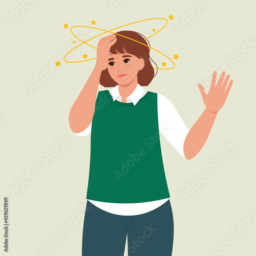 A young female with yellow stars orbiting around her head, feeling dizzy. Sick woman suffering from vertigo. Person suffering from headache. Vector isolated illustration in flat style