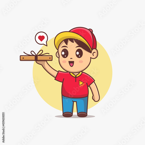 Cute pizza delivery man hold pizza box cartoon Vector Illustration. Kawaii cartoon character