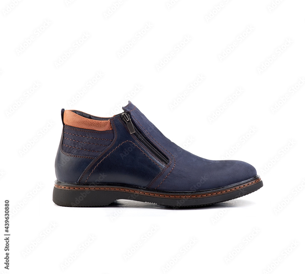 blue leather men's winter warm nubuck boots on a white background. blue leather men's winter warm nubuck boots on a white background.
