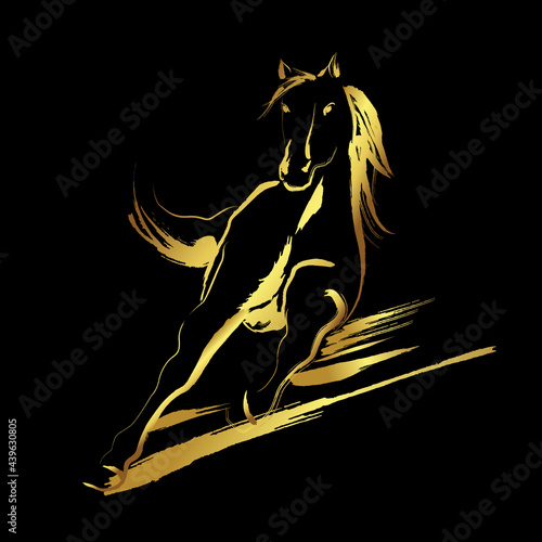 Golden horse with golden brush stroke isolate on black