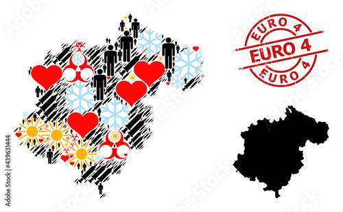 Rubber Euro 4 stamp seal, and heart patients inoculation mosaic map of Teruel Province. Red round stamp seal includes Euro 4 tag inside circle. Map of Teruel Province mosaic is done with winter, sun,