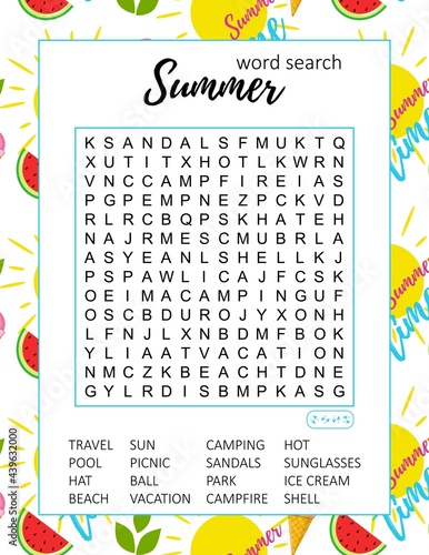 Summer word search puzzle.  Educational game. Crossword suitable for social media post. Party card. Printable colorful worksheet for learning English words. Vector illustration photo