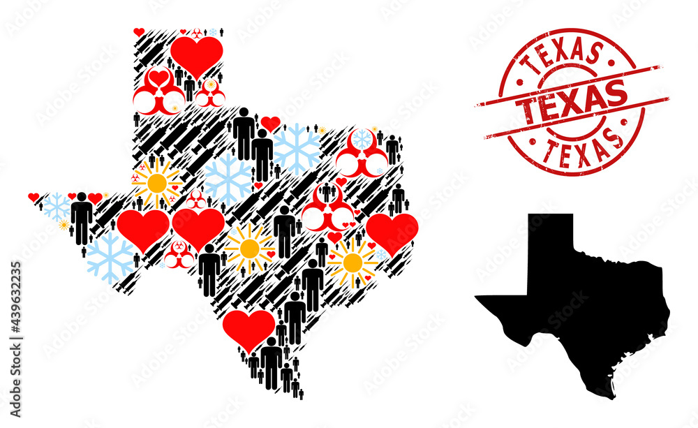 Scratched Texas stamp seal, and winter man infection treatment mosaic map of Texas State. Red round stamp contains Texas title inside circle. Map of Texas State mosaic is composed from frost, spring,