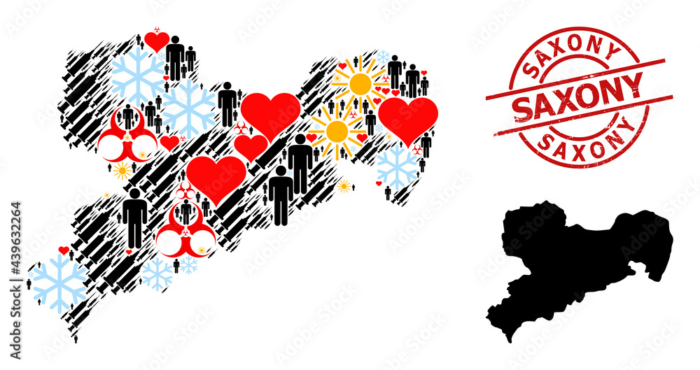 Distress Saxony stamp, and heart humans vaccine collage map of Saxony State. Red round stamp seal includes Saxony text inside circle. Map of Saxony State collage is constructed from snow, spring,