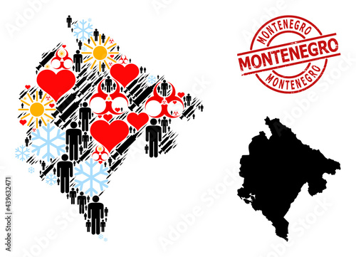Distress Montenegro seal, and lovely man Covid-2019 treatment mosaic map of Montenegro. Red round stamp has Montenegro caption inside circle. Map of Montenegro mosaic is done with snow, sunny, lovely,