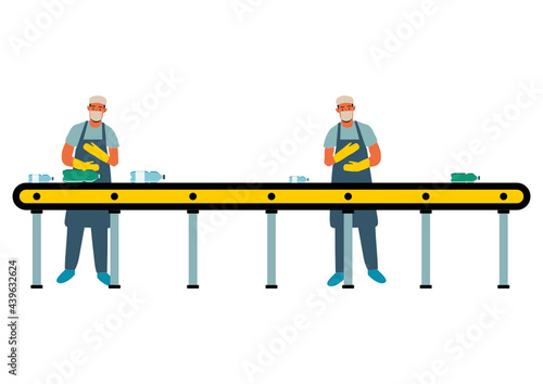 Förderband in der Industrie. Menschen die Müll sortieren.