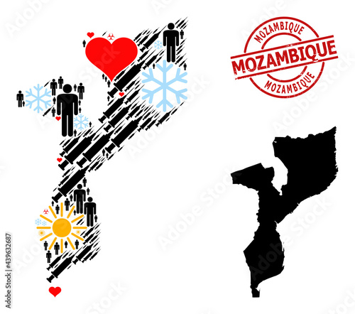 Grunge Mozambique stamp seal, and heart humans syringe mosaic map of Mozambique. Red round stamp contains Mozambique text inside circle. Map of Mozambique mosaic is composed from frost, sun, heart,