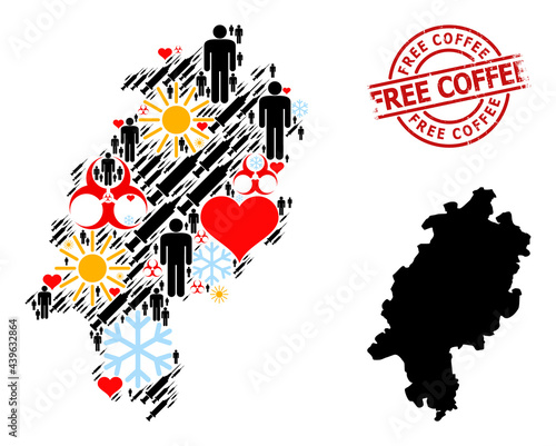 Rubber Free Coffee stamp seal, and sunny customers infection treatment collage map of Hesse State. Red round stamp seal contains Free Coffee caption inside circle.