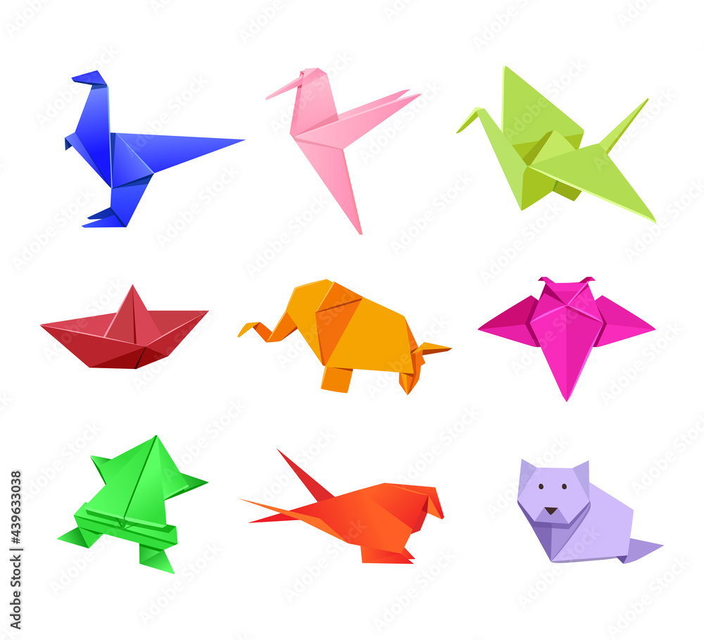Fototapeta premium Origami Japanese animal illustrations set in cartoon style. Cute paper animals. Dinosaur, humming bird, crane, boat, elephant, fly, frog, bird, wolf, dog. Art concept for advertisement, banner designs