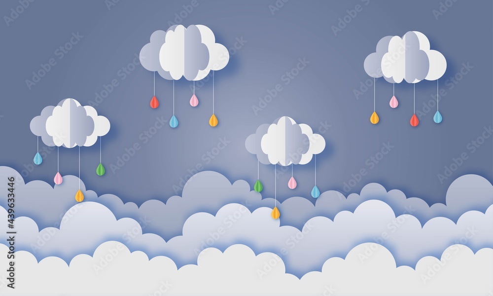 happy monsoon season background. paper art style. vector illustration.