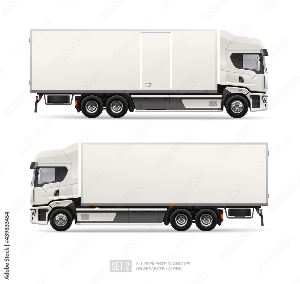 White Cargo delivery Truck isolated for corporate identity and mockup design. Side view Freight Truck. Realistic cargo service vehicle layout for branding and advertising White Cargo delivery Truck isolated for corporate identity and mockup design. Side view Freight Truck. Realistic cargo service vehicle layout for branding and advertising