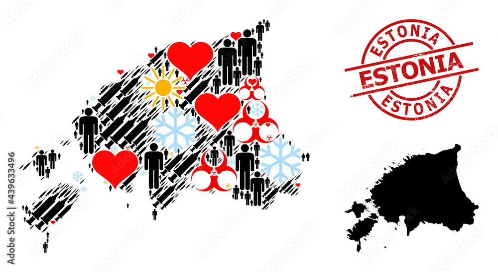 Rubber Estonia stamp seal, and heart men infection treatment collage map of Estonia. Red round stamp contains Estonia text inside circle. Map of Estonia collage is organized from snow, weather, love,