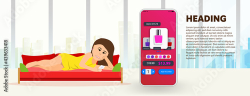  A girl lies on a red sofa and buys cosmetics in an online store