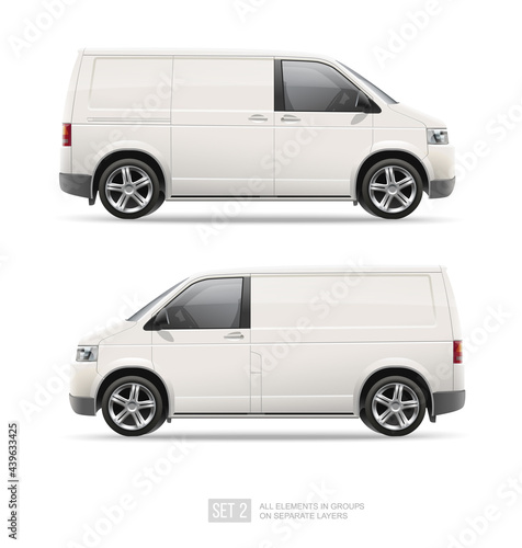 White Delivery Van vector template for Branding Mockup and Corporate identity on Transport. Realistic Front and back view Cargo Mini Van Vehicle isolated on grey background. Service City