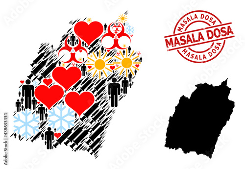 Scratched Masala Dosa seal, and frost demographics infection treatment collage map of Manipur State. Red round seal contains Masala Dosa caption inside circle.