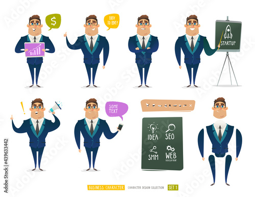 Cartoon Business Man office character in different poses for design your scenes. Set of Vector Office Boy for animation design. Flat style Man assistant  or boss character for presentation 
