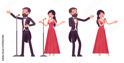 Musician, elegant man and woman singing, professional concert performer. Classical music event, ceremony, wedding party performance. Vector flat style cartoon illustration isolated, white background
