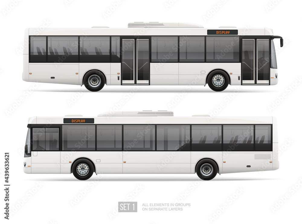 White City Bus template isolated on white background. Realistic Vector Passenger Bus for mockup, brand identity design and advertising presentation. Side view Long Passenger bus White City Bus template isolated on white background. Realistic Vector Passenger Bus for mockup, brand identity design and advertising presentation. Side view Long Passenger bus