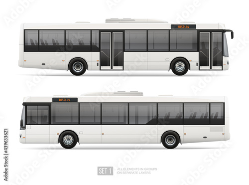 White City Bus template isolated on white background. Realistic Vector Passenger Bus for mockup, brand identity design and advertising presentation. Side view Long Passenger bus
