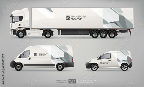 Mockup set of realistic Truck Trailer, Cargo Van, Delivery Car - vector template. Abstract graphic elements on Car layout for Branding and Corporate identity.  Side view  industrial service transport