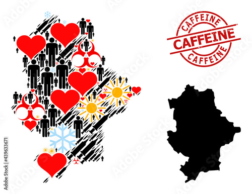 Scratched Caffeine stamp seal, and frost humans vaccine mosaic map of Donetsk Republic. Red round seal contains Caffeine title inside circle. Map of Donetsk Republic mosaic is organized with winter,