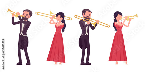 Musician, elegant man, woman playing professional wind instruments. Classical music event, concert, wedding party art performance. Vector flat style cartoon illustration isolated, white background