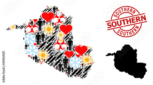 Distress Southern badge  and sunny demographics vaccine collage map of Rondonia State. Red round badge includes Southern tag inside circle. Map of Rondonia State mosaic is designed of snow  sunny 