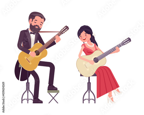 Musician, man, woman playing professional banjo, guitar, string instruments. Classical music event, concert, wedding art performance. Vector flat style cartoon illustration isolated, white background