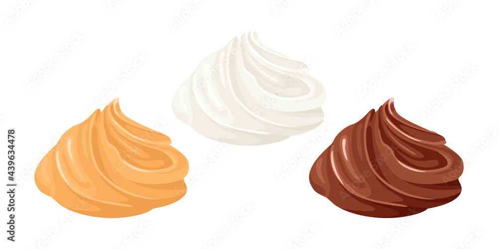 Cream swirl set. White whipped cream, peanut butter swirl or caramel cream portion and chocolate sweet mousse isolated. Vector illustration of dessert in cartoon flat style. Food icon. Cream swirl set. White whipped cream, peanut butter swirl or caramel cream portion and chocolate sweet mousse isolated. Vector illustration of dessert in cartoon flat style. Food icon.