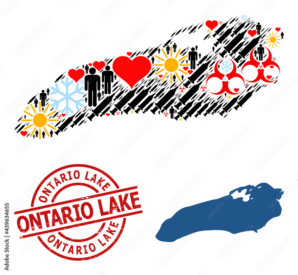 Textured Ontario Lake seal, and heart demographics infection treatment collage map of Ontario Lake. Red round stamp seal has Ontario Lake caption inside circle.