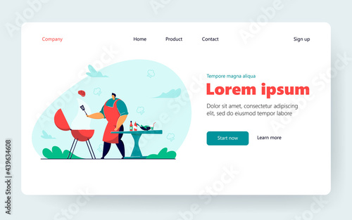 Cartoon man cooking meat steak, doing BBQ outdoor. Flat vector illustration. Person frying or grilling shashlik or square. Food, cooking, picnic concept for banner design or landing page