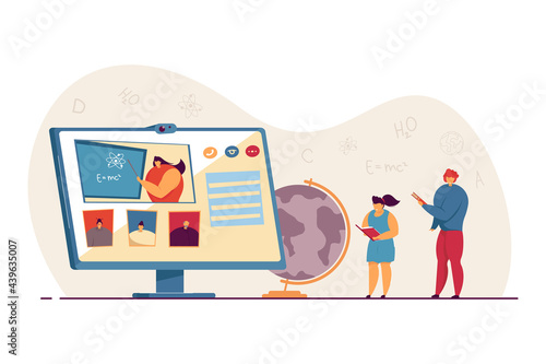 Students watching science online conference or lecture. Tiny children with books, physics teacher on computer screen flat vector illustration. Online education concept for banner, website design