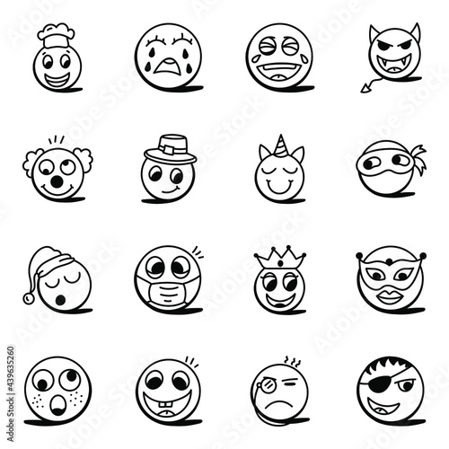 Set of Cute Emojis Doodle Icons

