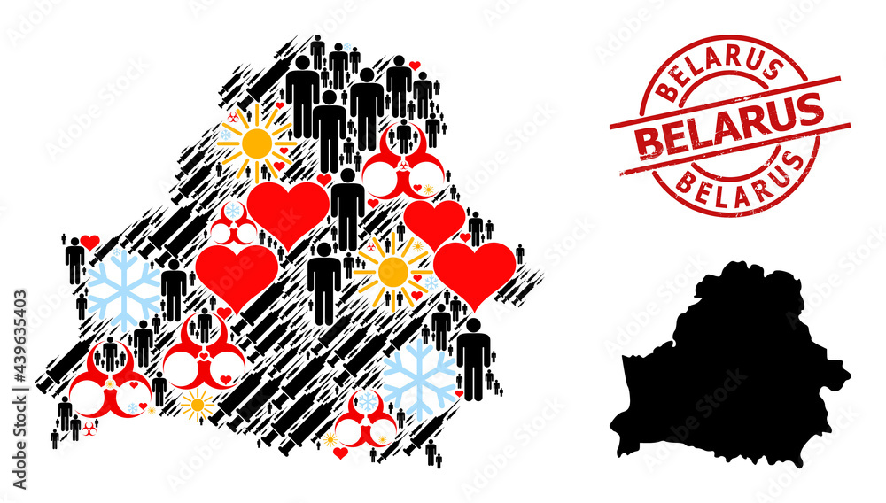 Distress Belarus seal, and lovely humans inoculation collage map of Belarus. Red round badge includes Belarus text inside circle. Map of Belarus collage is composed from frost, sunny, healthcare,