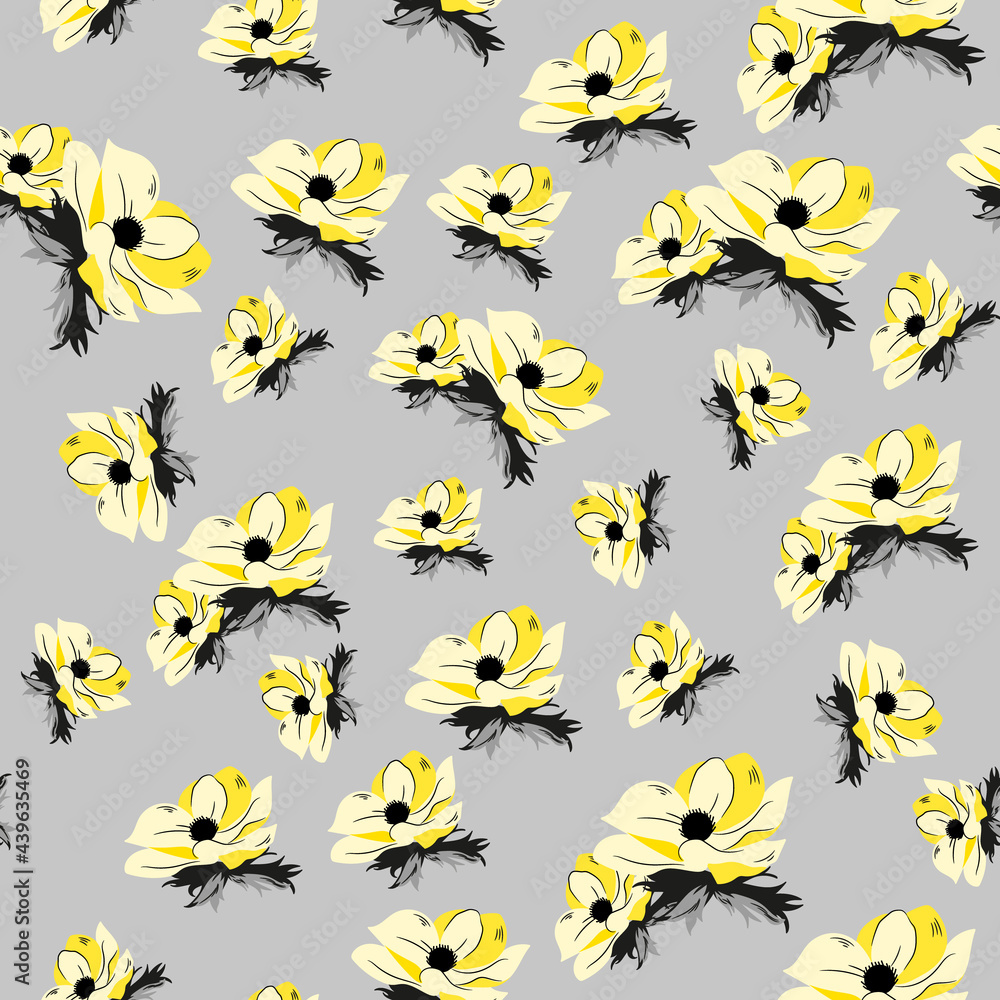 Stylish seamless pattern with yellow flowers and grey leaves on the white background. Vector pattern with tiny flowers in pantone 2021 colors.