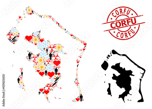 Distress Corfu stamp seal, and frost demographics inoculation collage map of Bora-Bora. Red round stamp includes Corfu tag inside circle. Map of Bora-Bora collage is composed with frost, sun, love,