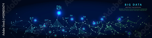 Abstract analytical background with polygonal grid analyze data on blue. Big data. Analytics algorithms data. Quantum cryptography concept. Banner for business, science and technology.