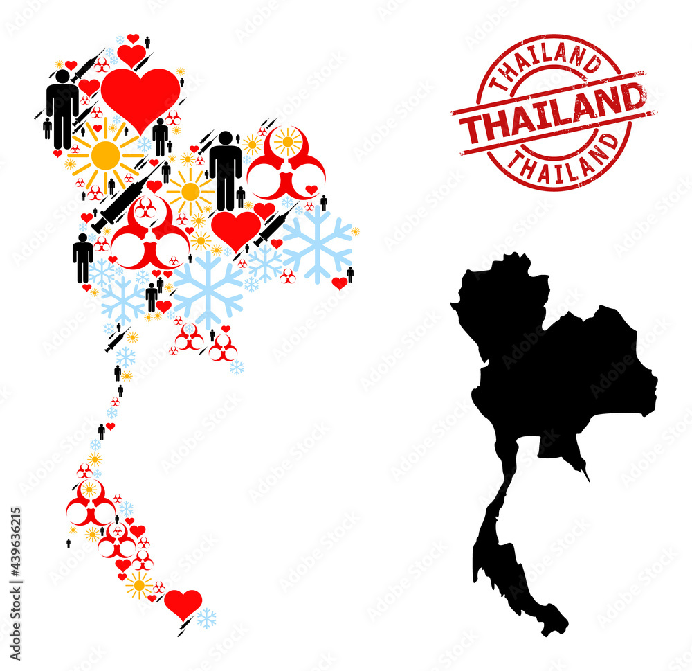 Textured Thailand stamp, and spring man vaccine mosaic map of Thailand. Red round stamp includes Thailand title inside circle. Map of Thailand mosaic is designed with winter, weather, love, persons,