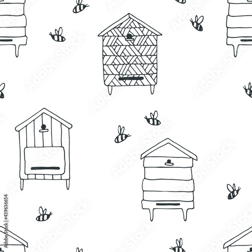 Seamless pattern with hives, bees, flowers. Linear hand drawn vector illustration is perfect for honey design, beekeeper branding, wallpaper, background, wrapping paper, fabric textile, label