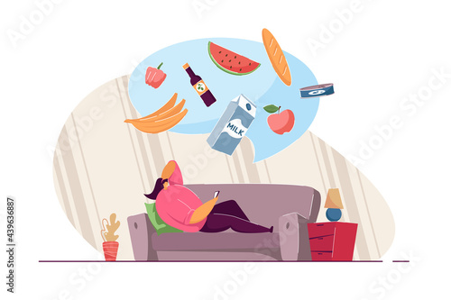 Girl lying on sofa and ordering food through mobile app. Bubble with milk, bananas, apple, watermelon, bread, oil and pepper flat vector illustration. Delivery, online, order store concept